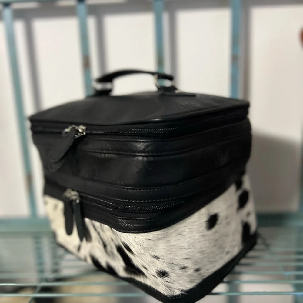 Black White Genuine Cowhide Embossed Leather Makeup Bag Travel Cosmetic Case